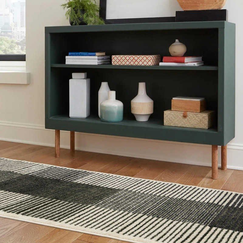 Striped Green White Gray Modern Indoor Runner, White, Runner 2'7" x 7'7"