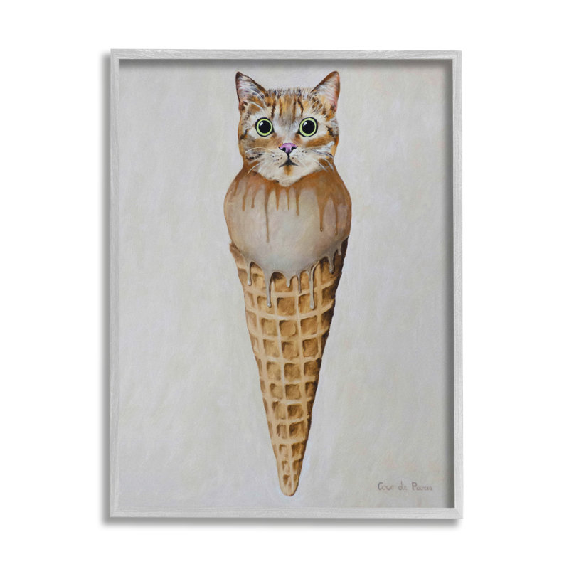 Chat tigré, glace, cuillère, dessert, gaufre, cône par Coco de Paris - Peinture, H 20 po x l 16 po x P 1,5 po