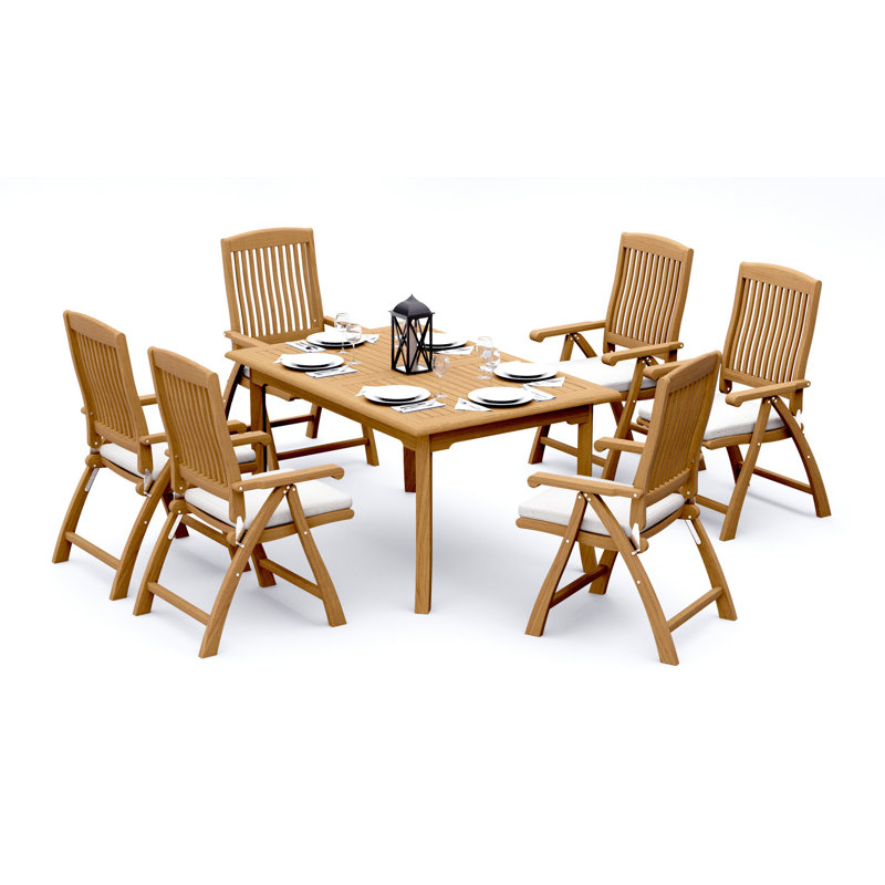 7 Pcs Grade-A Teak Wood Dining Set: 60" Rectangle Table And 6 Marley Folding Reclining Arm Chairs #11MR1306, 6