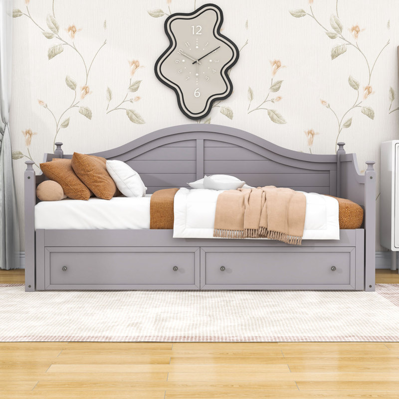 Lit de jour simple en bois avec 2 tiroirs et lit gigogne, Gris clair