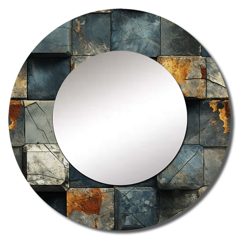 Motif de mur gris rayé cubique - miroir rayé, miroir mural rond gris unique, impression d'art en métal, 29 po x 29 po