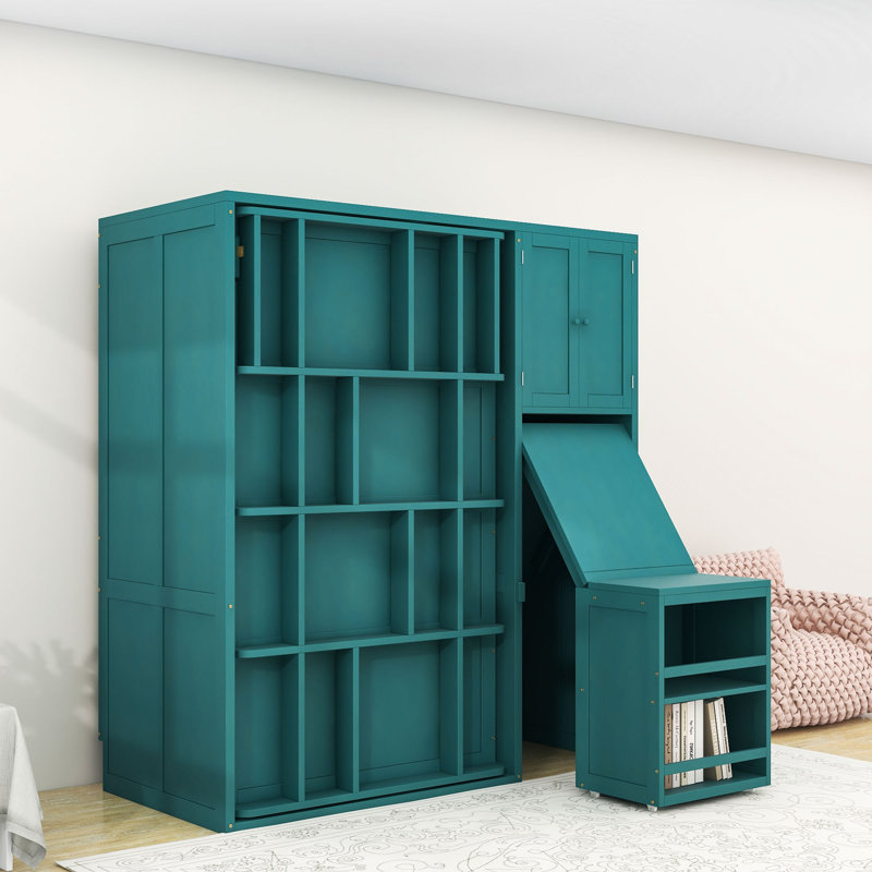 Lit escamotable simple en bois avec bureau extensible, armoire supérieure et tablettes, Sarcelle