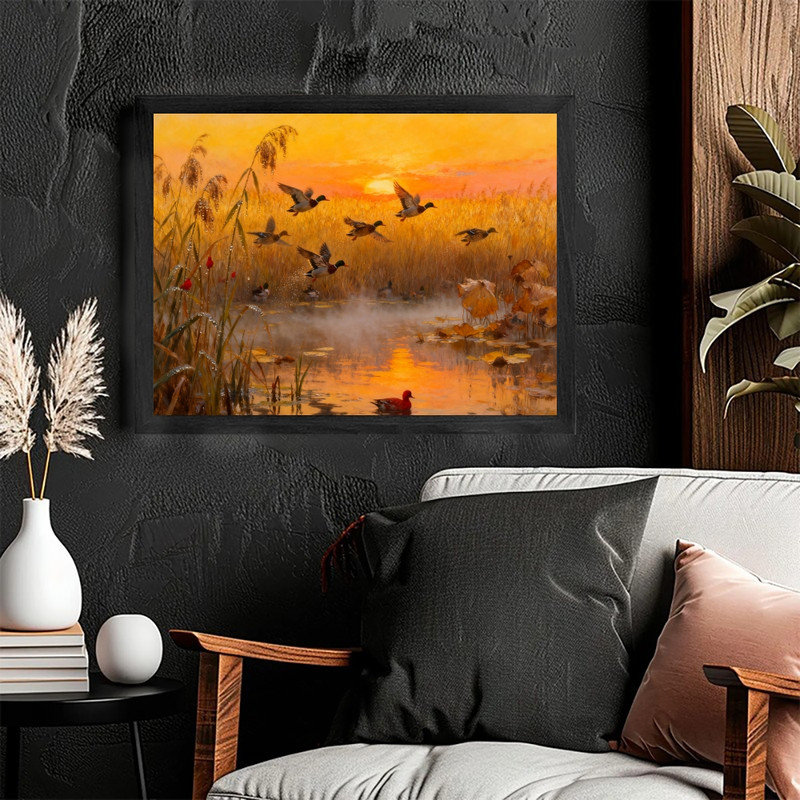 «Golden Sunset Ducks Art» encadré en noir, H 17 po x l 25 po