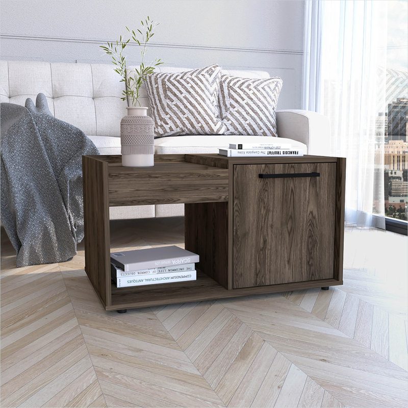 Table basse rectangulaire avec rangement à une porte et armoire ouverte, panneau de particules brun riche, 31,5 po x 19,7 po