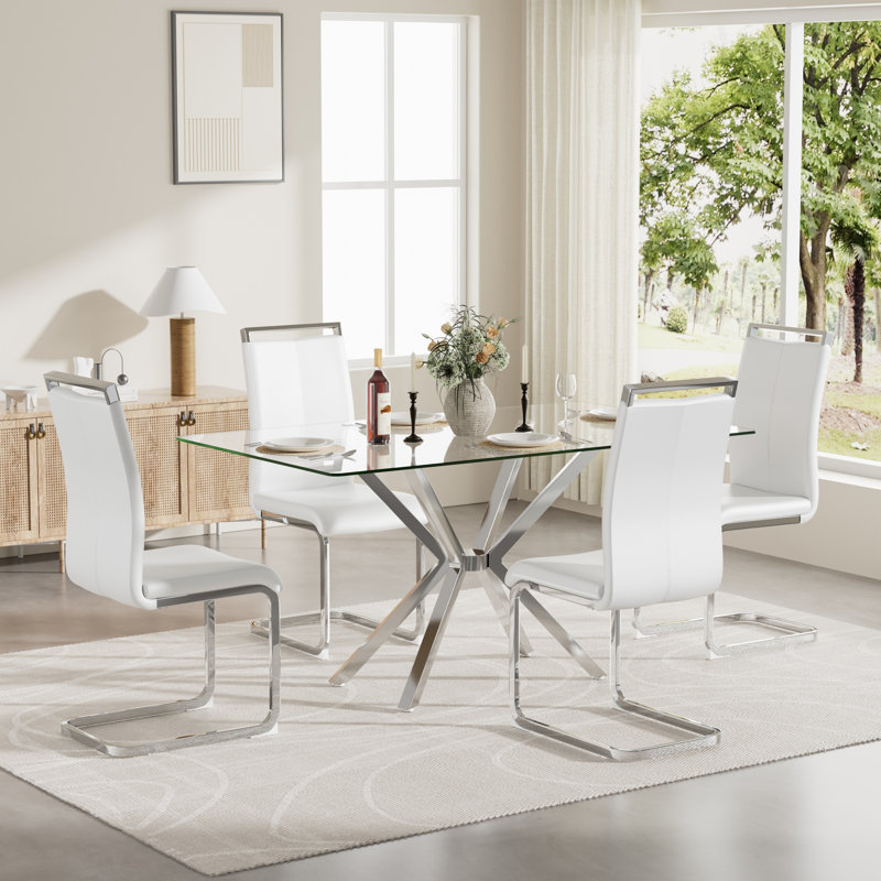 Ensemble de table de salle à manger moderne en verre 47 po et 4 chaises en tissu à haut dossier, pieds en métal argent / noir / or pour la salle à manger de cuisine