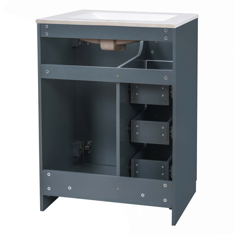 Meuble-lavabo 24 po avec lavabo intégré en céramique, meuble-lavabo à une porte, 3 tiroirs et meuble-lavabo simple pour petite et moyenne salle de bain