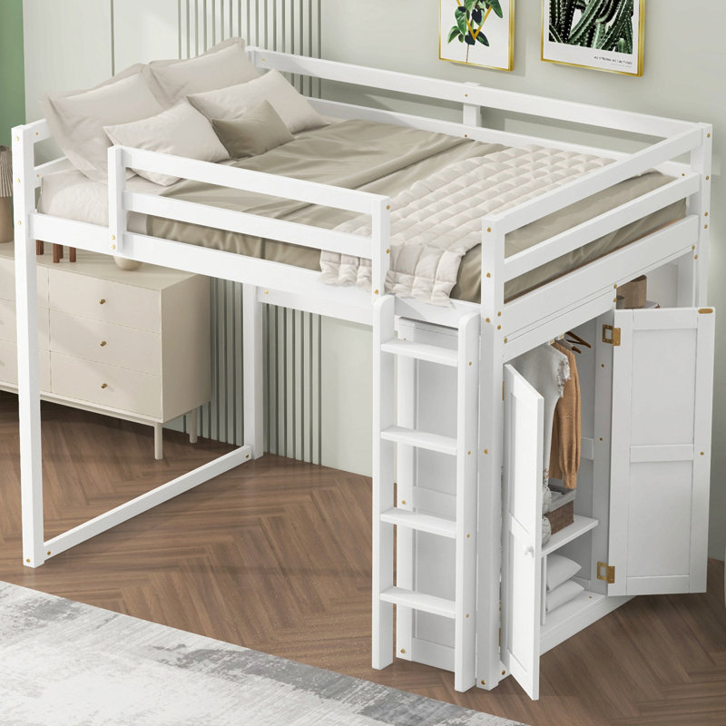 Lit mezzanine double en bois avec garde-robe intégrée et tablettes de rangement, lumière DEL, Blanc