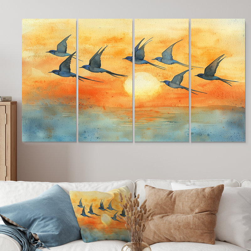 Swallows Birds at Sunset I - Art mural oiseau - décoration murale moderne, H 32 po x l 64 po