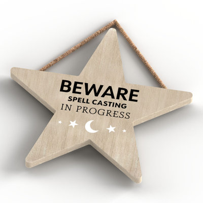 Witch Beware Spell Casting Wooden Star Plaque