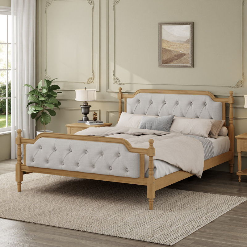 Traditional Style Bed Frame with Upholstered Headboard,No Box Spring Needed, Walnut, King