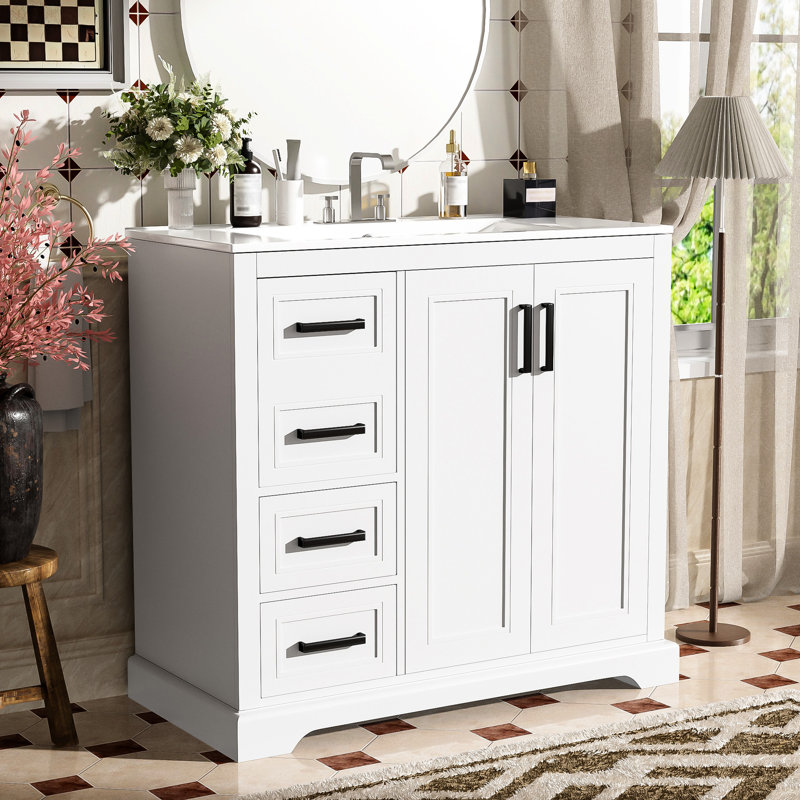 Meuble-lavabo blanc contemporain de 36 pouces avec lavabo en céramique, 3 tiroirs, espace sous le lavabo et compartiment de fermeture en douceur