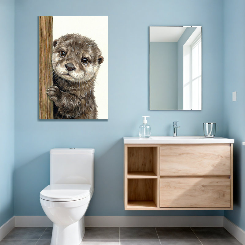 Loutre d'animaux furtivement derrière un poteau en bois, H 18 po x l 12 po