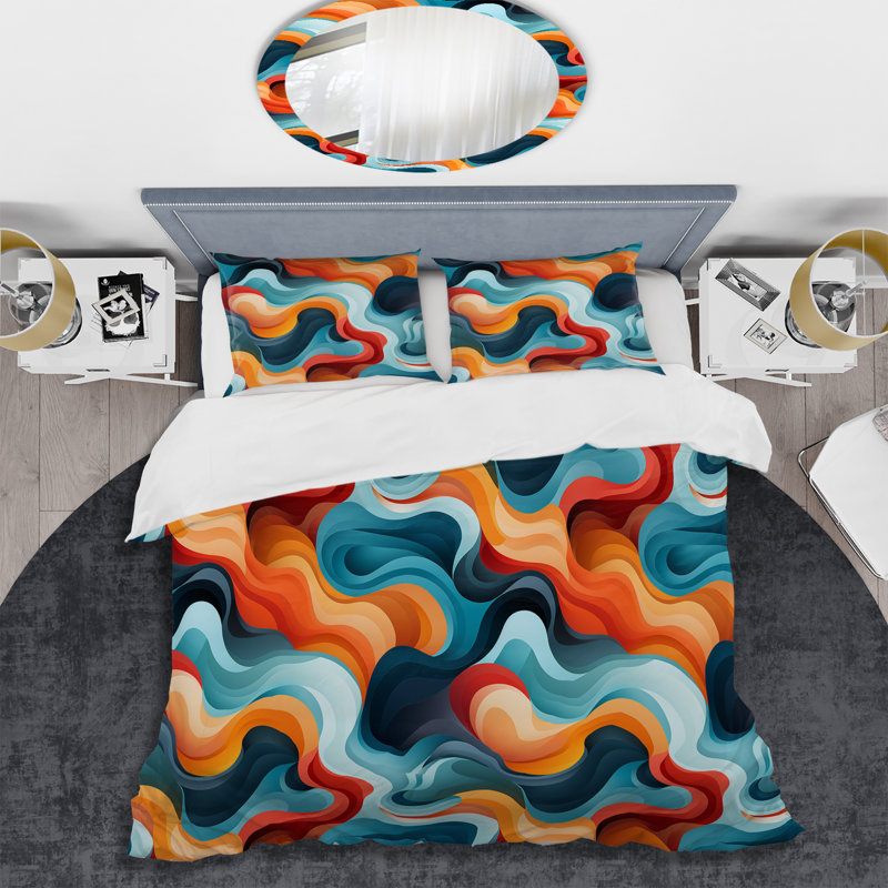 Ensemble de housse de couette Blue and Orange Swirling Waves Harmony I, Housse de couette pour très grand lit et 2 très