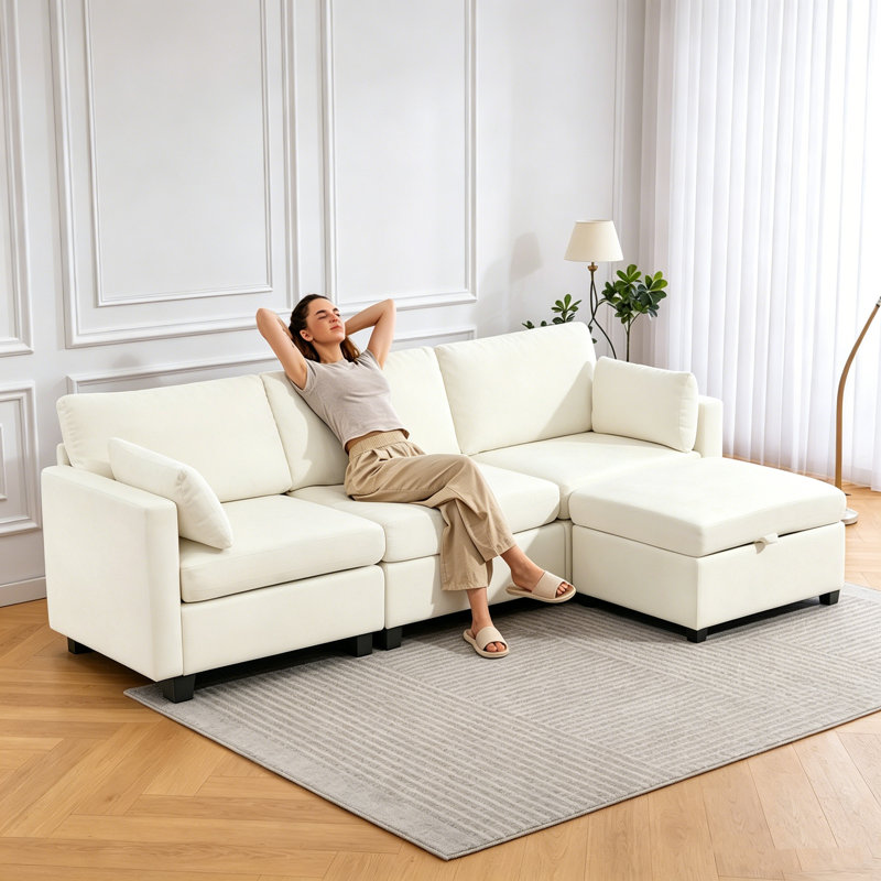 Beige Modular Sectional Sofa, 109'' L Shaped Couch With Storage Ottoman For Living Room