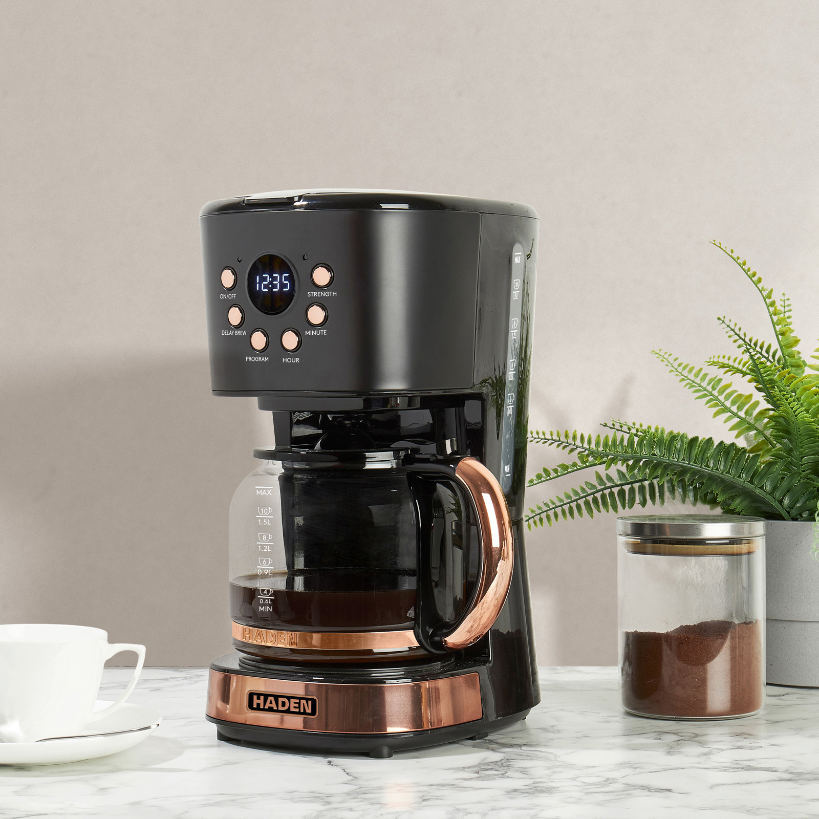 Haden 12-Cup Programmable Drip Coffee Maker, Black/Copper
