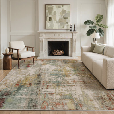 Vintage Distressed Abstract Machine Washable Ivory Sage Green Area Rug with Non-Slip Backing