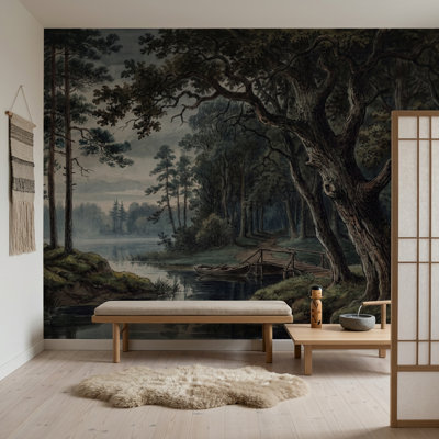 Papier peint forêt foncé foncé, paysage de lac Misty, décoration murale amovible