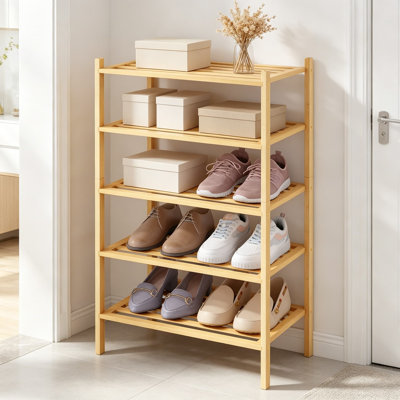 Small Bamboo Shoe Rack, 5 Tier Free Standing Wooden Shoe Organizer, Stackable Storage Shelf for Closet Entryway, 17.3"W x 11"D x 31.3"H, Natural