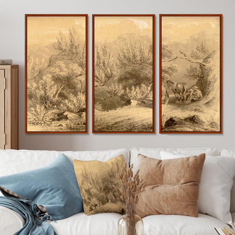 Vintage Cowboys In The West - ensemble de 3 reproductions d'art encadrées sur toile rétro, H 28 po x l 36 po, Brun 