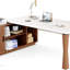 Bureau de direction en L de 78,7 pouces avec armoire de rangement, bureau à domicile moderne avec tablettes et support pour unité centrale, bureau d'ordinateur blanc crème et noyer pour professionnels