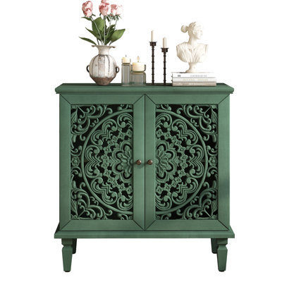 Commode d'appoint rétro sculptée, buffet de rangement à 2 portes avec motif floral symétrique, tablette réglable et pieds en bois massif pour le vestibule du salon