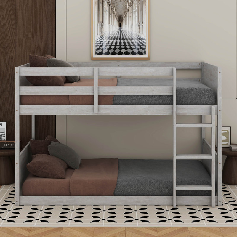 Twin Over Twin Floor Bunk Bed With Panelled Headboard And Footboard, Antique White