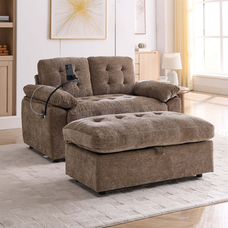 Canapé inclinable double Leisure avec dossier réglable, accoudoirs rembourrés, port de charge USB et repose-pieds de rangement - brun