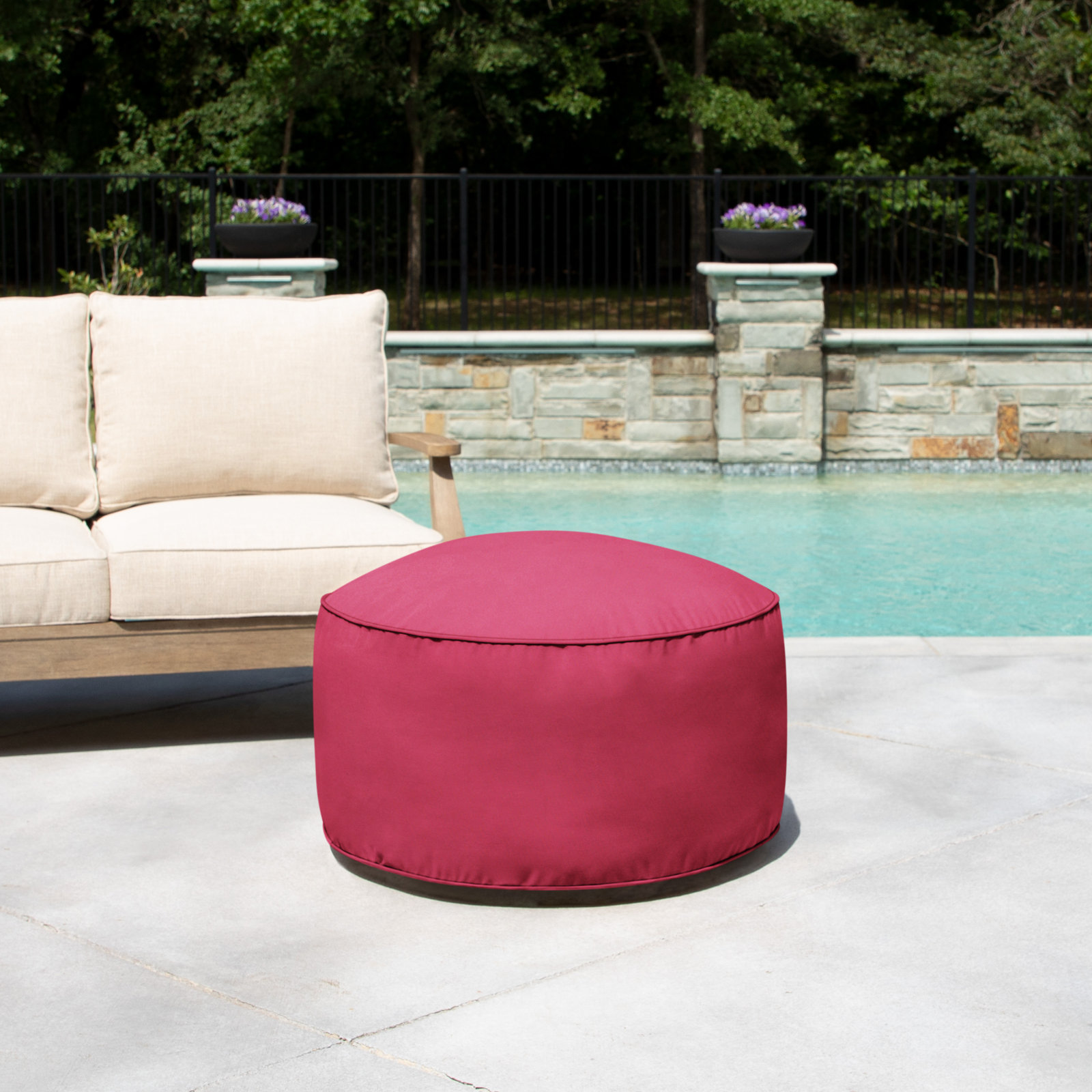 Demi Round Upholstered Outdoor Ottoman with Sunbrella® Cushion, Canvas Hot Pink Sunbrella® Canvas