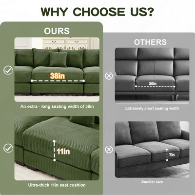 Oversized Modular Cloud Sectional Couch with Extra-Thick Armrests and Ottoman, Corduroy, Green