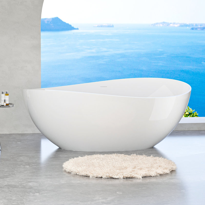 Baignoire autoportante de 63 po à surface solide, baignoire de trempage autoportante en résine d'ingénierie de luxe avec trop-plein et bonde escamotable pour salle de bain contemporaine, blanc brillant