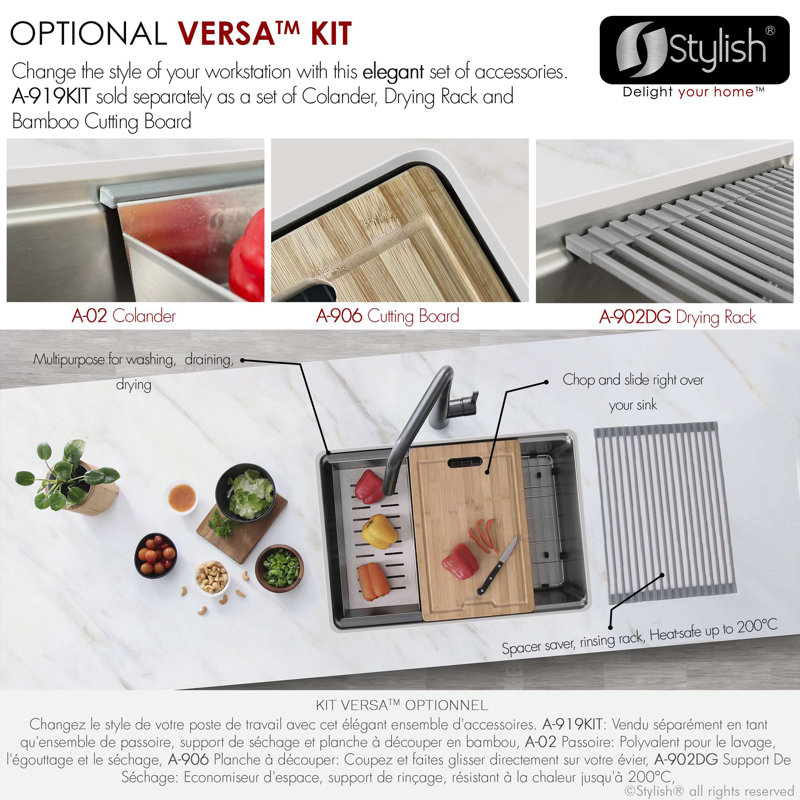 27 in. x 19 in. 16 Gauge, Stainless Steel, Brushed Single Bowl Undermount or Drop-In Kitchen Sink with Built-In Accessories