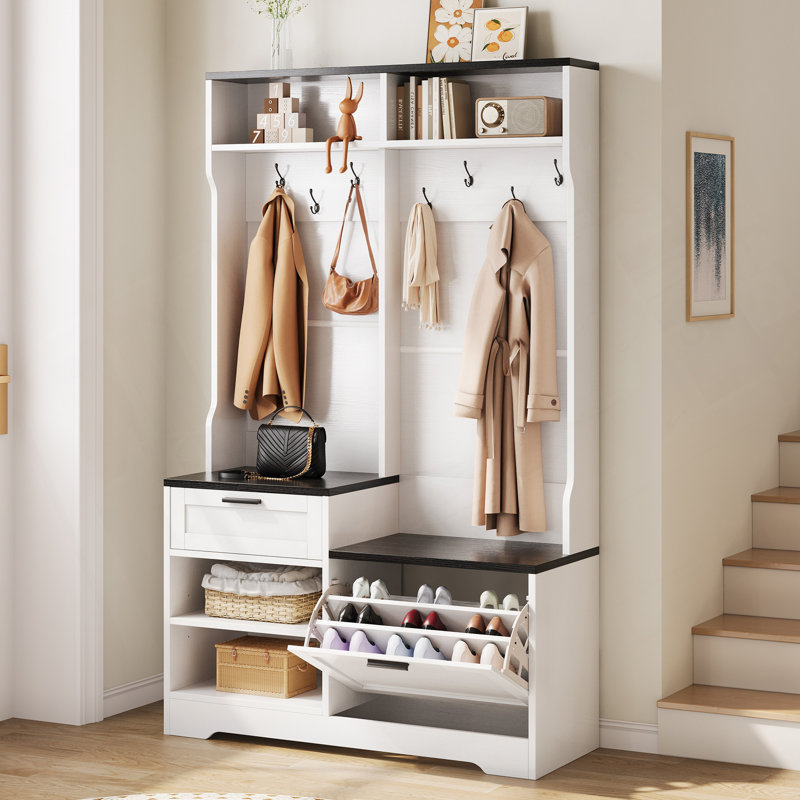 Hall Tree With Bench And Shoe Storage, 6-In-1 Entryway Organizer, 43.3" X 15.75" X 70.87", MDF Wood, Embossed White/Black Wood Grain Finish