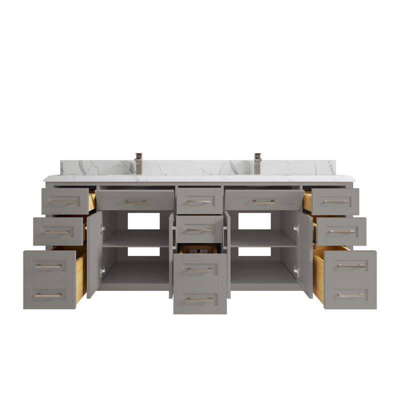 84 po Cambridge X P 22 po Meuble-lavabo double en D gris peau d'éléphant avec bordure en quartz blanc, Calacatta Laza