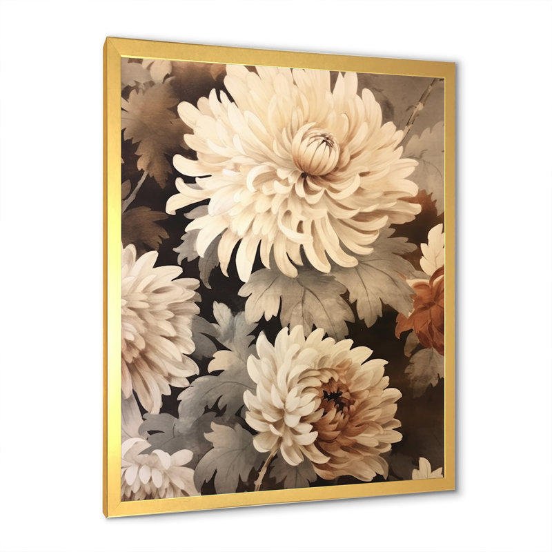 «Vintage Chrysanthemums Symphony I», art mural sur toile, H 32 po x l 16 po x P 1 po, Cadre doré simple