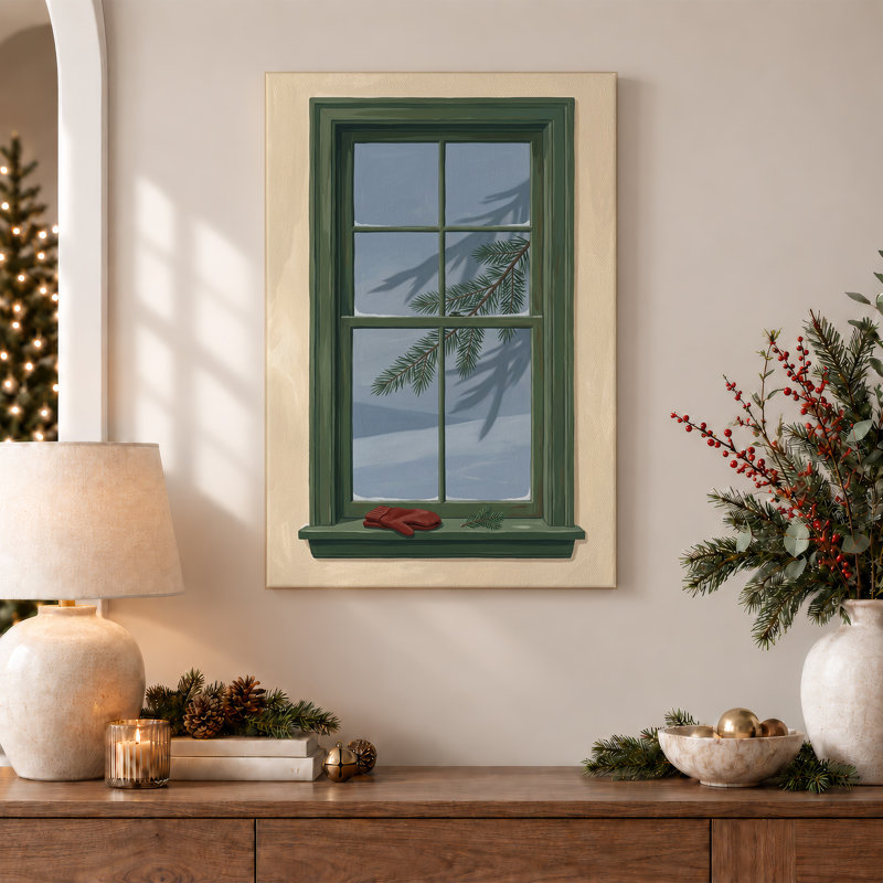 Toile verte avec branche de pin enneigée et toile de Noël rouge, H 30 po x l 20 po