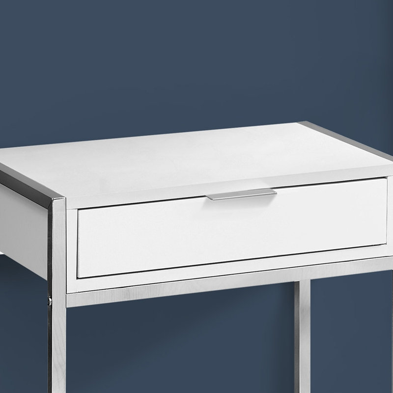Table de bout, table de bout, table de bout, table de chevet, tiroir de rangement, stratifié blanc brillant, métal chromé