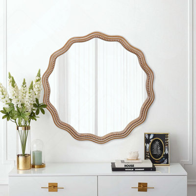 Miroir mural rond ondulé, cadre en bois festonné