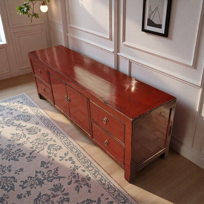 Traditional Chinese Style Pine Red Low TV Console with Drawers