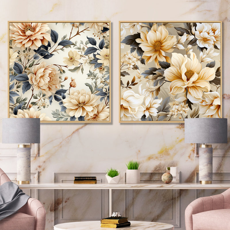 Attleboro - ensemble de 2 reproductions d'art sur toile florales, Encadrement brun, H 30 po x l 61 po x P 1 po