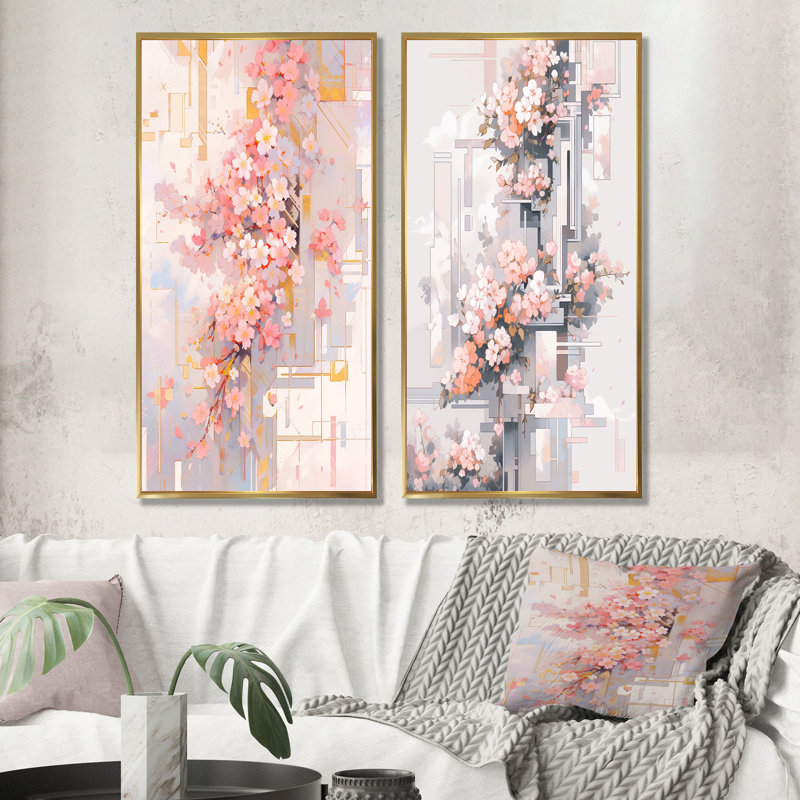 Contemporary Cherry Blossom Bold Stripes - Ensemble d'art mural sur toile cerise, Cadre flottant doré, H 28 po x l 25 po