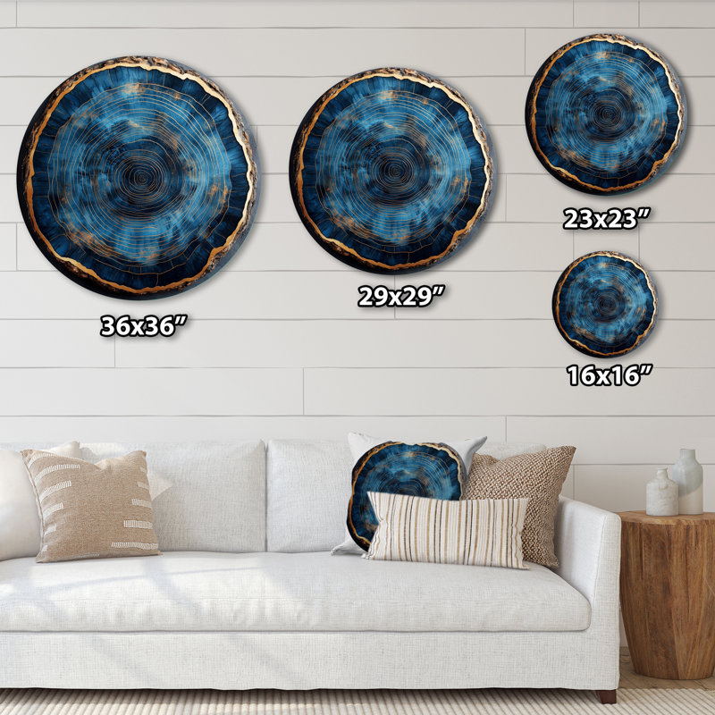 «Blue Forest Of Wood Slide Collage II - Forest», art mural rond en métal, H 16 po x l 16 po