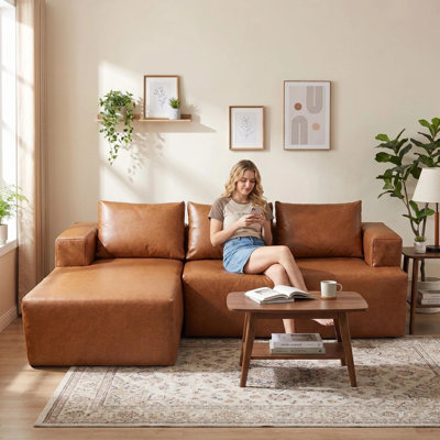 96” Boneless Leather Sectional Couches for Living Room, Brown Faux Leather Couch, Modular Cloud L‑Shaped Sofas with Spring Cushions, No Assembly Required, Cat-Claw Resistant, Right Chaise