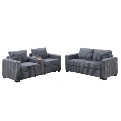 Modern Style 2Pc Sofa Set Back Cushion Plastic Legs Cup Holders Charging Port Corduroy Upholstered