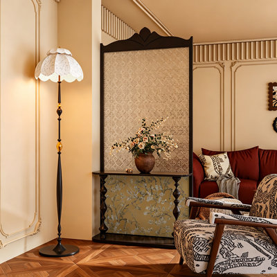Vintage Solid Wood Movable Room Divider with Floral Pattern, Glass Panels & Storage Shelves