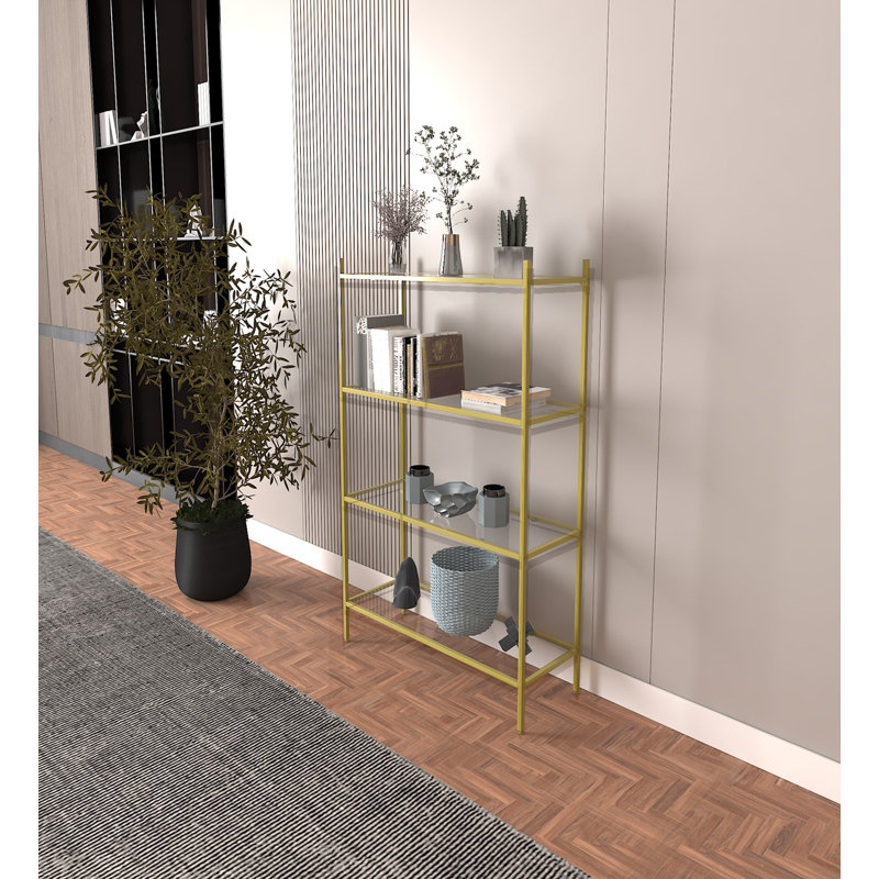 Bibliothèque moderne en or avec verre trempé | 31,5 po x 49,6 po x 11,8 po | Pieds en métal robustes (0,6 x 0,6 po) | Design élégant pour la maison ou le bureau | Solution de rangement durable et élégante pour les livres et la décoration