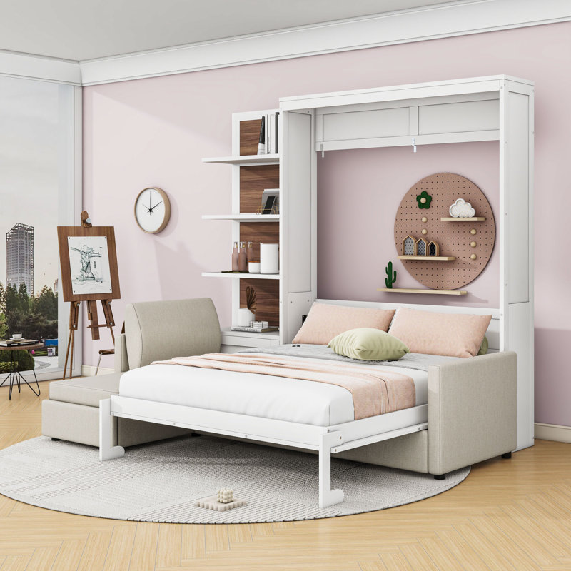 Grand lit escamotable avec canapé et tablettes, Blanc