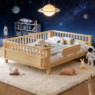Lit de plancher en bois avec garde-corps de sécurité, cadre de lit de plancher avec support à livres intégré et Statio Storytime, aucun sommier tapissier nécessaire (naturel / blanc)