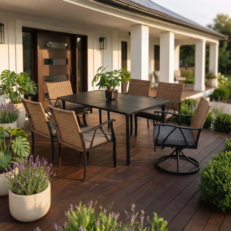 7-Piece Wicker Patio Dining Set with Cushions, Dining Table with Umbrella Hole