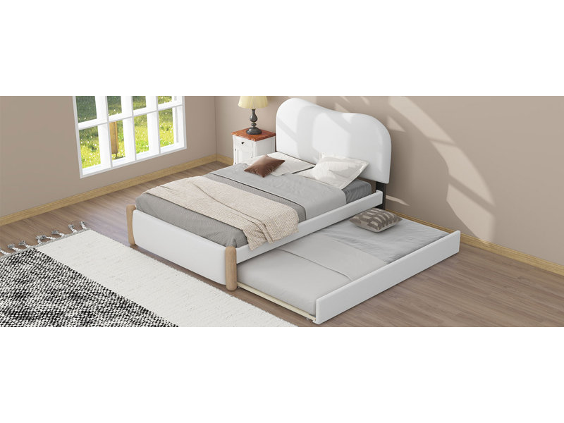 Lit plateforme simple tapissier avec pieds de support en bois et lit gigogne simple, blanc, Blanc