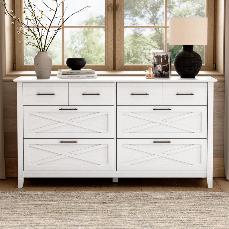 Commode 6 tiroirs, style campagne, armoire de rangement en bois, chêne blanc pur, Blanc